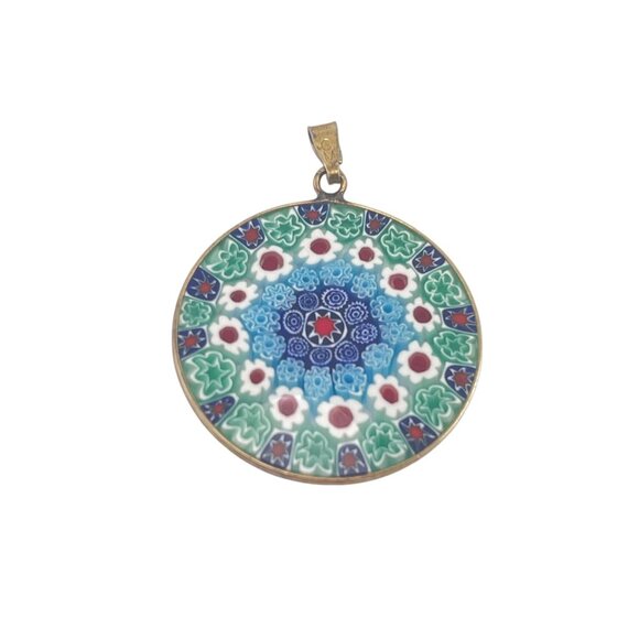 Millefiori Round Pendant Necklace With Intricate Floral Mosaic Design - Picture 2 of 8